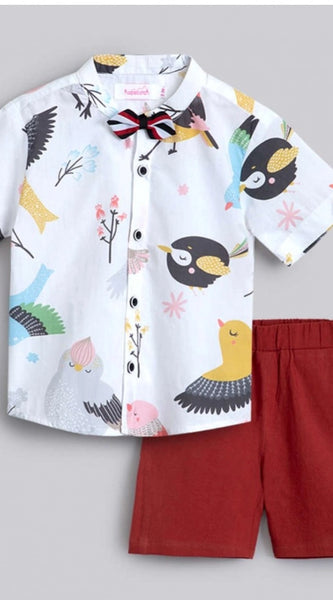 Mayawye Boy's Cotton Blend Printed Short Sleeve Shirt and Shorts Set (White)
