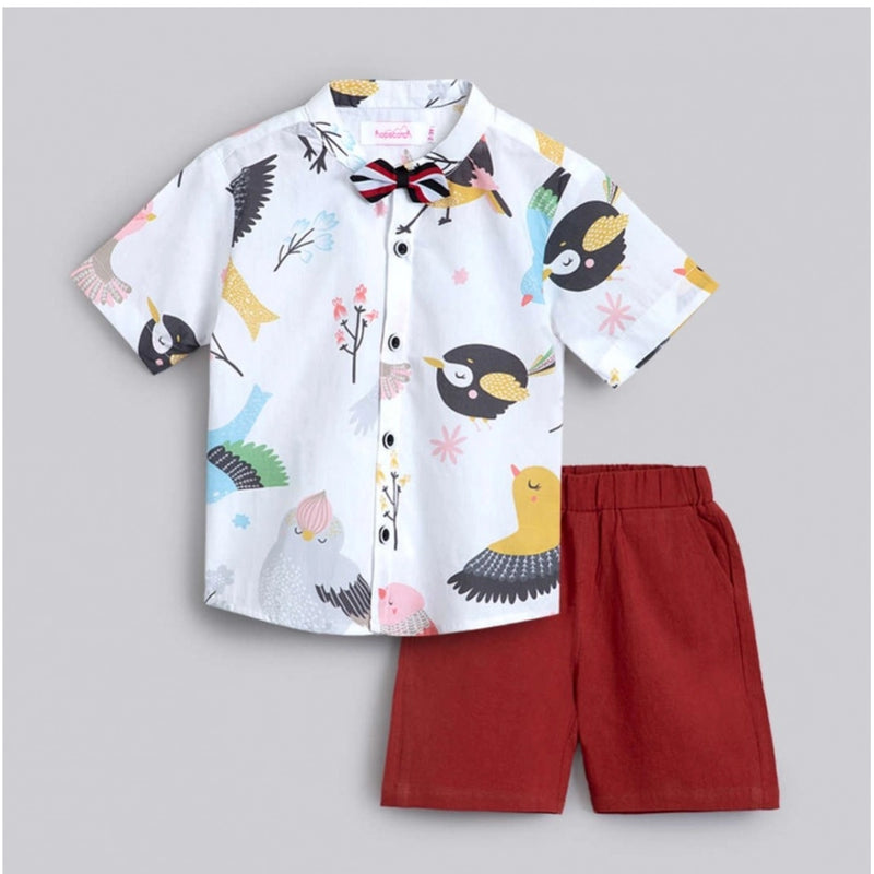 Mayawye Boy's Cotton Blend Printed Short Sleeve Shirt and Shorts Set (White)