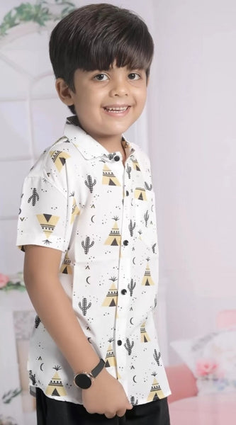 Mayawye Boy's Cotton Blend Printed Short Sleeve Shirt and Shorts Set (White)