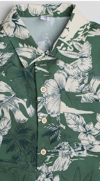 Mayawye Boy's Cotton Blend Printed Short Sleeve Shirt (Green)