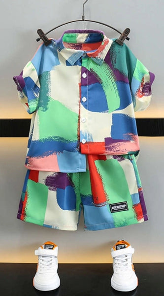 Mayawye Boy's Lycra Blend Printed Short Sleeve Shirt and Shorts Set (MultiColor)