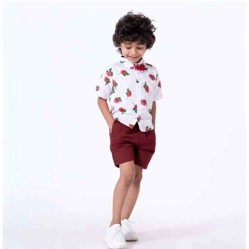 Mayawye Boy's Cotton Blend Printed Short Sleeve Shirt and Shorts Set (White)