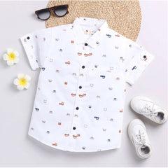 Mayawye Boy's Cotton Blend Printed Short Sleeve Shirt (White)
