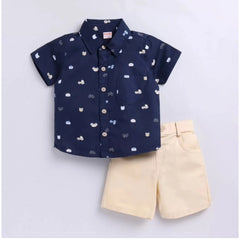 Mayawye Boy's Cotton Blend Printed Short Sleeve Shirt and Shorts Set (Navy Blue)