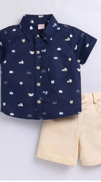 Mayawye Boy's Cotton Blend Printed Short Sleeve Shirt and Shorts Set (Navy Blue)