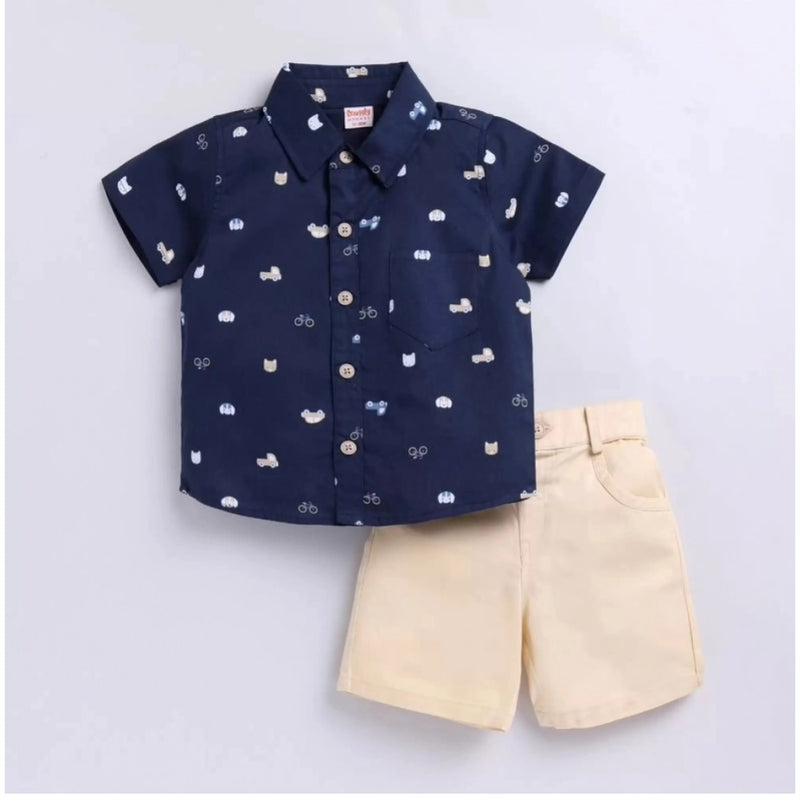 Mayawye Boy's Cotton Blend Printed Short Sleeve Shirt and Shorts Set (Navy Blue)
