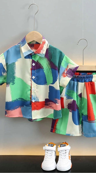 Mayawye Boy's Lycra Blend Printed Short Sleeve Shirt and Shorts Set (MultiColor)