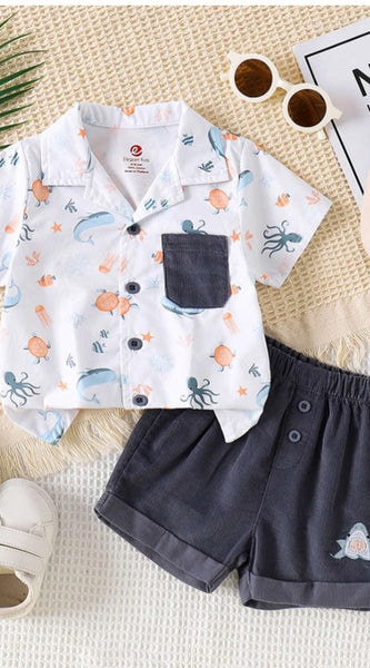 Mayawye Boy's Lycra Blend Printed Short Sleeve Shirt and Shorts Set (MultiColor)