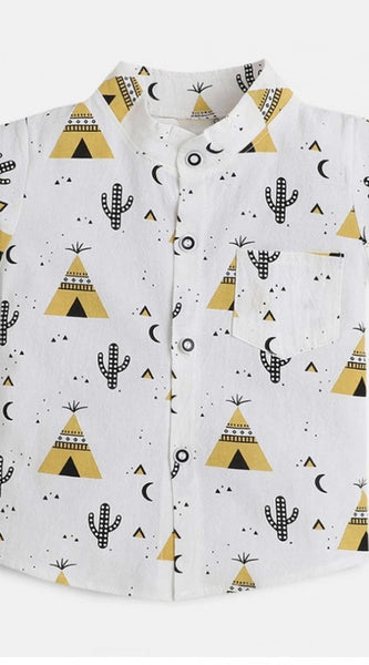 Mayawye Boy's Cotton Blend Printed Short Sleeve Shirt and Shorts Set (White)