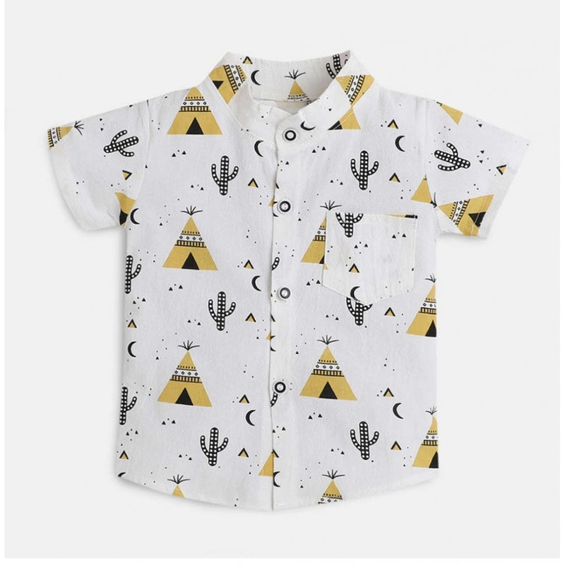 Mayawye Boy's Cotton Blend Printed Short Sleeve Shirt and Shorts Set (White)