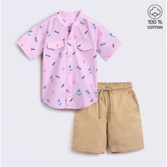 Mayawye Boy's Cotton Blend Printed Short Sleeve Shirt and Shorts Set (Pink)