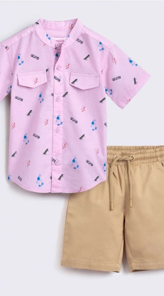 Mayawye Boy's Cotton Blend Printed Short Sleeve Shirt and Shorts Set (Pink)
