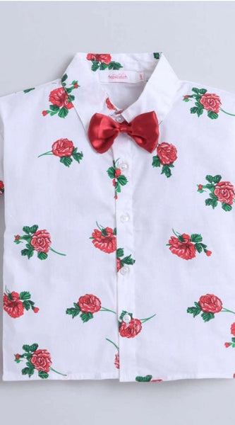 Mayawye Boy's Cotton Blend Printed Short Sleeve Shirt and Shorts Set (White)