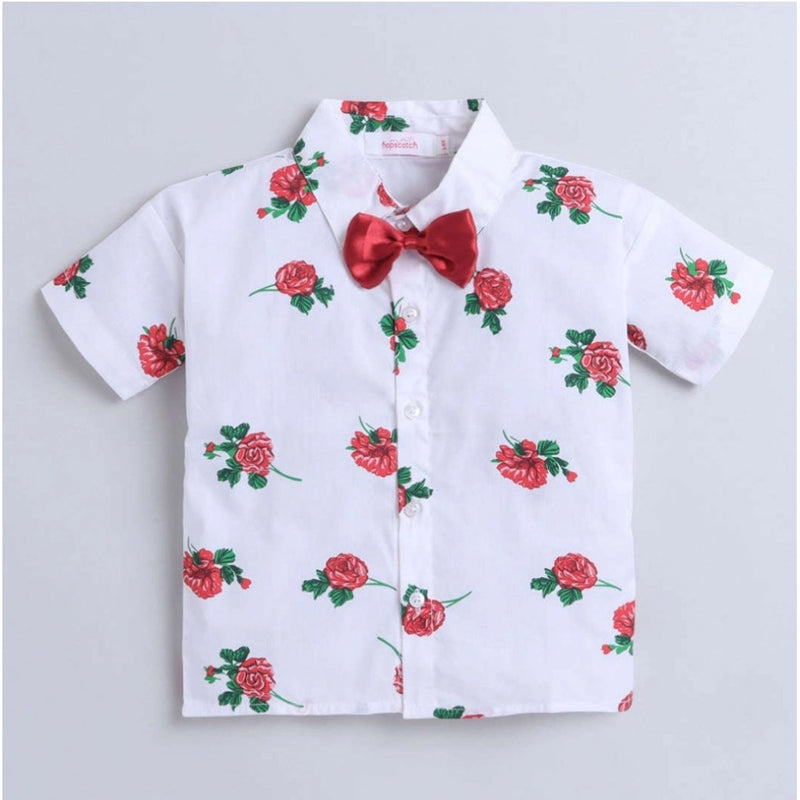 Mayawye Boy's Cotton Blend Printed Short Sleeve Shirt and Shorts Set (White)