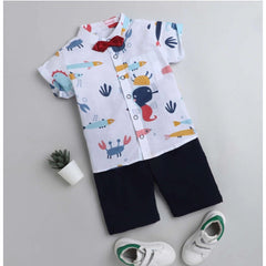 Mayawye Boy's Cotton Blend Printed Short Sleeve Shirt and Shorts Set (White)