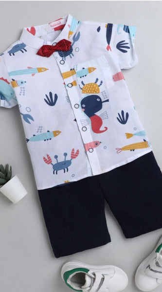 Mayawye Boy's Cotton Blend Printed Short Sleeve Shirt and Shorts Set (White)