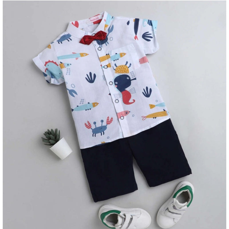Mayawye Boy's Cotton Blend Printed Short Sleeve Shirt and Shorts Set (White)