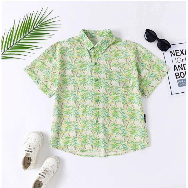 Mayawye Boy's Cotton Blend Printed Short  Sleeve Shirt (Green)