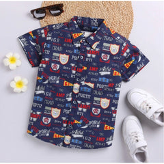 Mayawye Boy's Cotton Blend Printed Short Sleeve Shirt (Navy Blue)