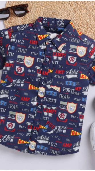 Mayawye Boy's Cotton Blend Printed Short Sleeve Shirt (Navy Blue)