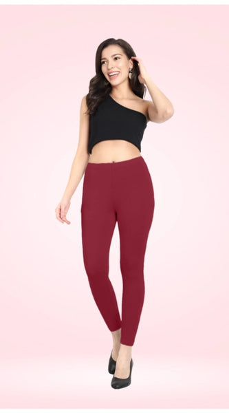 Mayawye Women's Cotton Blended Solid Ankle legging (Red Maroon)