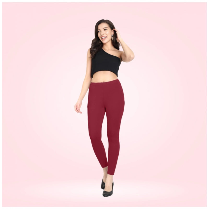 Mayawye Women's Cotton Blended Solid Ankle legging (Red Maroon)