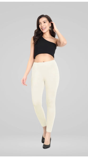 Mayawye Women's Cotton Blended Solid Ankle legging (Off White)