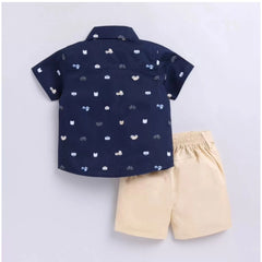 Mayawye Boy's Cotton Blend Printed Short Sleeve Shirt and Shorts Set (Navy Blue)