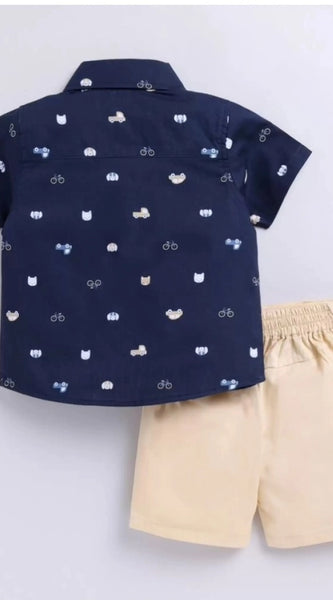 Mayawye Boy's Cotton Blend Printed Short Sleeve Shirt and Shorts Set (Navy Blue)