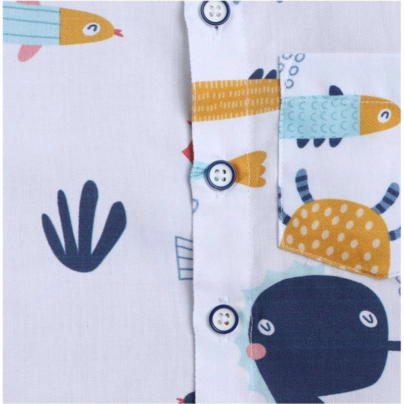 Mayawye Boy's Cotton Blend Printed Short Sleeve Shirt and Shorts Set (White)