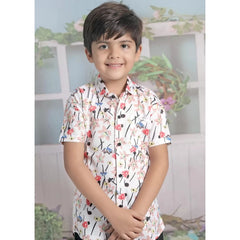 Mayawye Boy's Cotton Blend Printed Short Sleeve Shirt and Shorts Set (White)