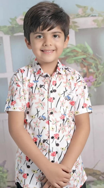 Mayawye Boy's Cotton Blend Printed Short Sleeve Shirt and Shorts Set (White)