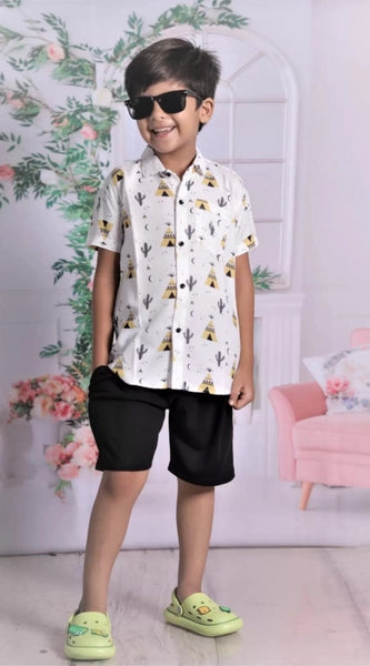 Mayawye Boy's Cotton Blend Printed Short Sleeve Shirt and Shorts Set (White)