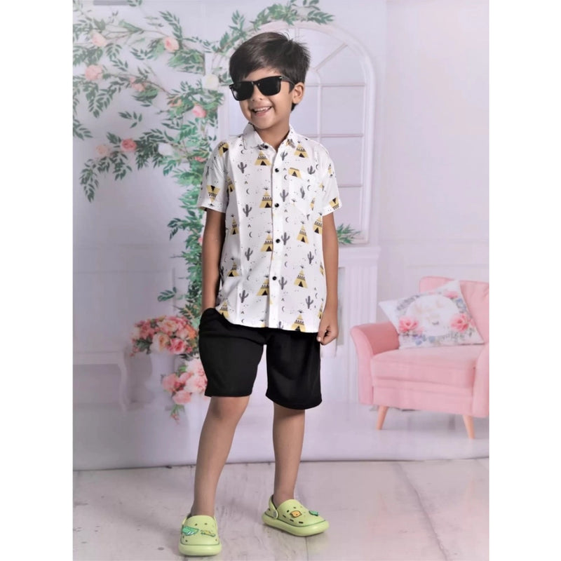Mayawye Boy's Cotton Blend Printed Short Sleeve Shirt and Shorts Set (White)