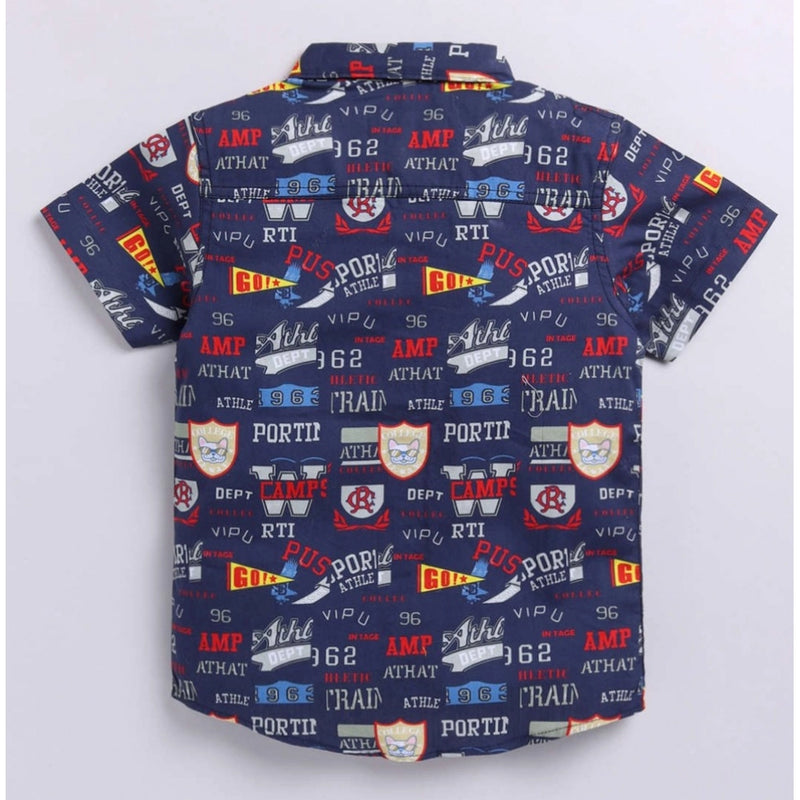 Mayawye Boy's Cotton Blend Printed Short Sleeve Shirt (Navy Blue)