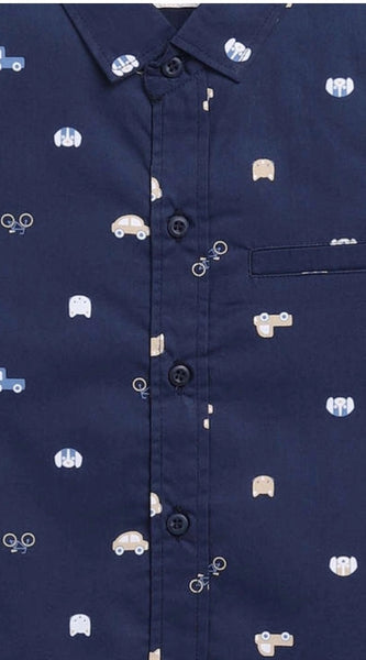 Mayawye Boy's Cotton Blend Printed Short Sleeve Shirt (Navy Blue)