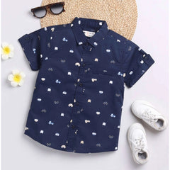 Mayawye Boy's Cotton Blend Printed Short Sleeve Shirt (Navy Blue)