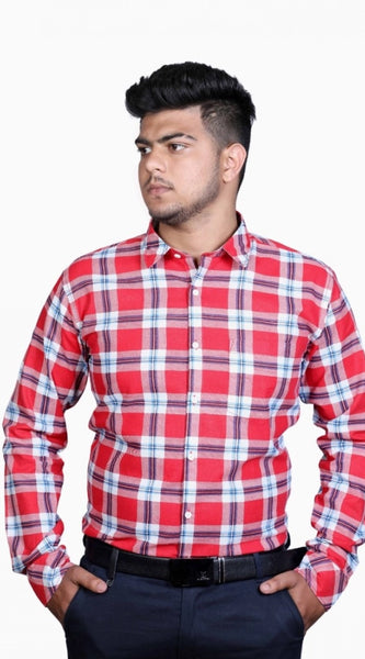 Mayawye Men's Cotton Lycra Full Sleeve Checked Casual Shirt (Red White)