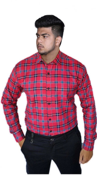 Mayawye Men's Cotton Lycra Full Sleeve Checked Casual Shirt (Red )