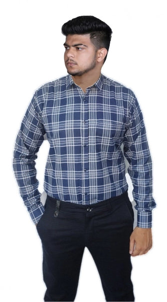 Mayawye Men's Cotton Lycra Full Sleeve Checked Casual Shirt (Navy Blue)