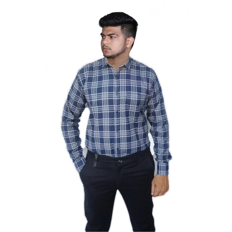 Mayawye Men's Cotton Lycra Full Sleeve Checked Casual Shirt (Navy Blue)
