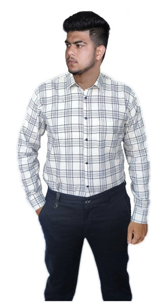 Mayawye Men's Cotton Lycra Full Sleeve Checked Casual Shirt (White)