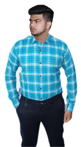 Mayawye Men's Cotton Lycra Full Sleeve Checked Casual Shirt (Sky Blue)