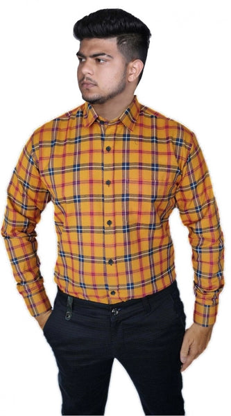 Mayawye Men's Cotton Lycra Full Sleeve Checked Casual Shirt (Orange)
