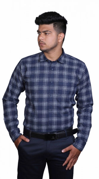 Mayawye Men's Cotton Lycra Full Sleeve Checked Casual Shirt (Navy Blue)