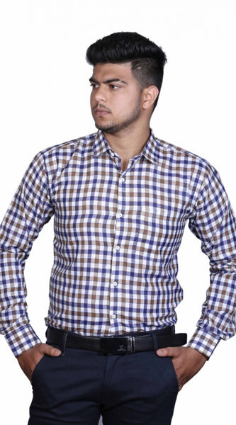 Mayawye Men's Cotton Lycra Full Sleeve Checked Casual Shirt (Brown Blue)