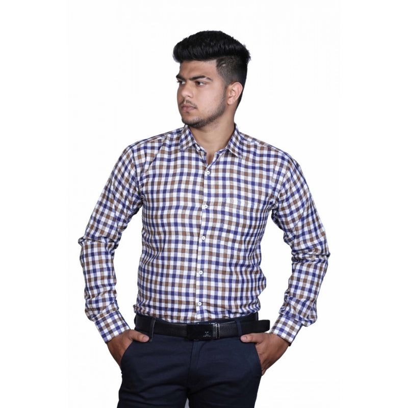 Mayawye Men's Cotton Lycra Full Sleeve Checked Casual Shirt (Brown Blue)