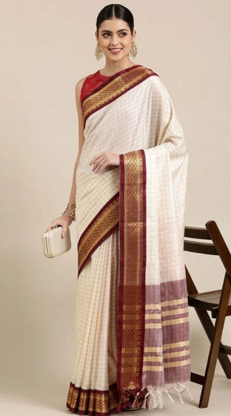 Mayawye Women's Cotton Silk Checkered Saree With Unstitched Blouse 5.5Mtr (Maroon)