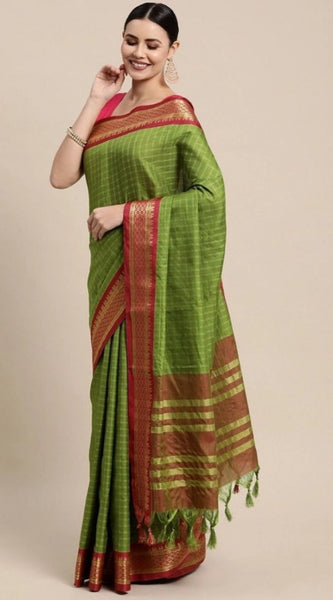 Mayawye Women's Cotton Silk Checkered Saree With Unstitched Blouse 5.5Mtr (Mehendi)