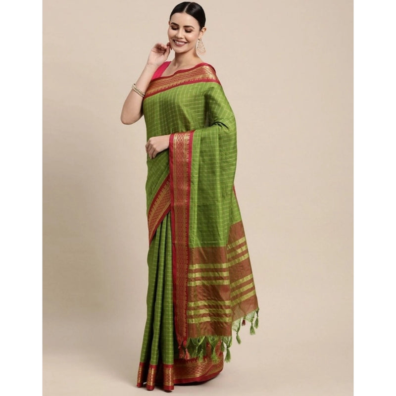 Mayawye Women's Cotton Silk Checkered Saree With Unstitched Blouse 5.5Mtr (Mehendi)